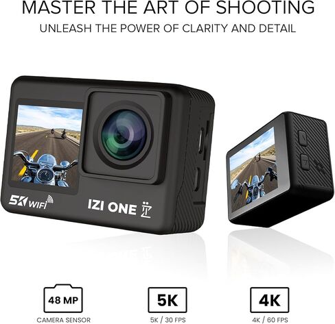 IZI ONE 5K 30FPS UHD 48MP Action Camera, Dual Touch Screen, Digital Zoom, EIS Stabilization, Waterproof & Sports Camera, Vlog, Dashcam, YouTube,170° Wide Angle, WiFi & External Mic, 2X Batteries in Kuwait