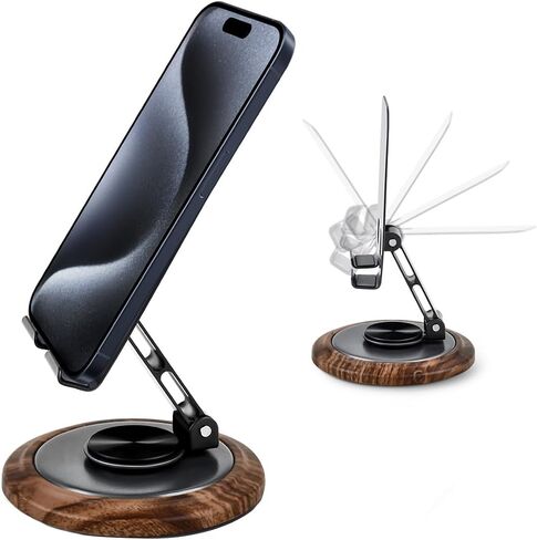 EnerCharge Adjustable Cell Phone Stand, 360° Rotating Foldable Cell Phone Holder, Walnut Wooden Desktop Portable Cellphone Stand with Convenient Charging Port,Anti-Slip Base,Fits All Phones in Saudi Arabia