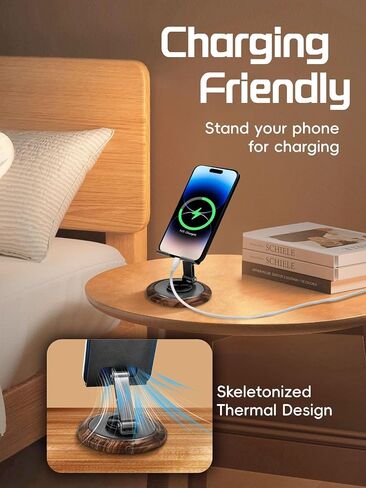 EnerCharge Adjustable Cell Phone Stand, 360° Rotating Foldable Cell Phone Holder, Walnut Wooden Desktop Portable Cellphone Stand with Convenient Charging Port,Anti-Slip Base,Fits All Phones in Saudi Arabia