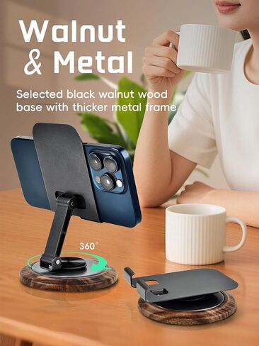 EnerCharge Adjustable Cell Phone Stand, 360° Rotating Foldable Cell Phone Holder, Walnut Wooden Desktop Portable Cellphone Stand with Convenient Charging Port,Anti-Slip Base,Fits All Phones in Saudi Arabia