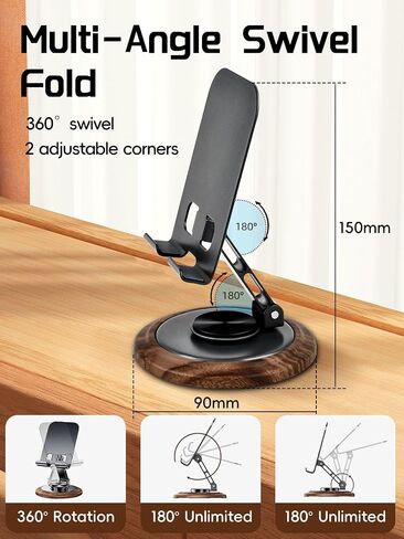 EnerCharge Adjustable Cell Phone Stand, 360° Rotating Foldable Cell Phone Holder, Walnut Wooden Desktop Portable Cellphone Stand with Convenient Charging Port,Anti-Slip Base,Fits All Phones in Saudi Arabia