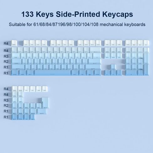 PBT Keycaps -Blue Side Print Key Cap Set ، Shot Double Shine من خلال أغطية مفاتيح مخصصة ، ملف تعريف الكرز 133 مفاتيح لوحات المفاتيح الميكانيكية الأزرق in Saudi Arabia