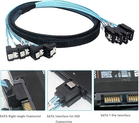 SAS 4.0 4x SATA إلى 4x SATA Cable 90 ° الزاوية اليمنى-كابل بيانات محرك الأقراص الصلبة عالي السرعة 12 جيجابت في الثانية ، وسلك النحاس 30AWG ، اتصال الخادم الأم (1M) in Saudi Arabia