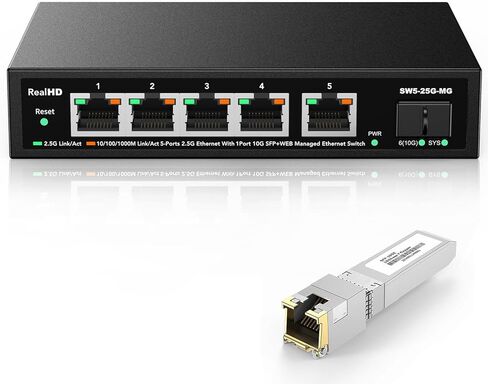 Real HD 5 Port 2.5G Managed Ethernet Network Switch, 1 x 10G SFP+ Port | 60G Bandwidth | Plug & Play | Fanless Metal Internal Internet Multi-gigabit Switch | Include 10Gb SFP to RJ45 Module 262Ft(80m) in Saudi Arabia