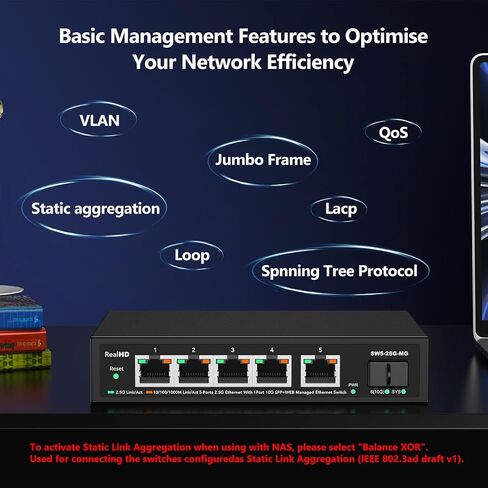 Real HD 5 Port 2.5G Managed Ethernet Network Switch, 1 x 10G SFP+ Port | 60G Bandwidth | Plug & Play | Fanless Metal Internal Internet Multi-gigabit Switch | Include 10Gb SFP to RJ45 Module 262Ft(80m) in Saudi Arabia