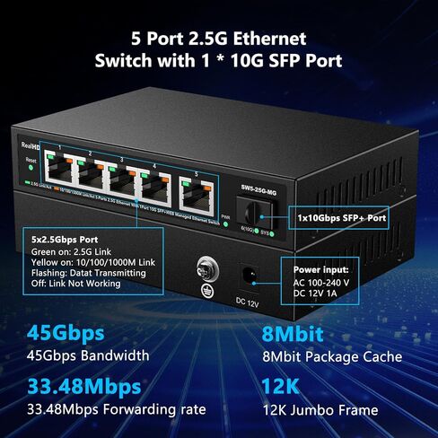 Real HD 5 Port 2.5G Managed Ethernet Network Switch, 1 x 10G SFP+ Port | 60G Bandwidth | Plug & Play | Fanless Metal Internal Internet Multi-gigabit Switch | Include 10Gb SFP to RJ45 Module 262Ft(80m) in Saudi Arabia