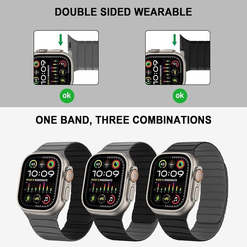 Tasikar double -side -side الفرقة المغناطيسية القابلة للارتداء متوافقة مع Apple Watch 49mm 46mm 45mm 44mm 42mm 42mm ، حلقة حزام رياضية ناعمة لـ Iwatch Ultra 3 2 1 Se Series 11 10 9 8 7 6 5 4 3 2 11 ، Black Gray in Kuwait