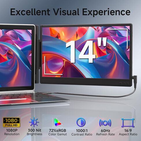 امتداد شاشة الكمبيوتر المحمول 14 "(FHD 1080p Pann 16: 9) - متوافق أسود مع Win Mac Chrome | Pluge and Play | شاشة مزدوجة مثالية للسفر/العمل/الدراسة in Saudi Arabia