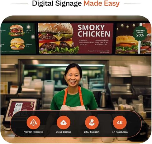 مشغل لافتات رقمية للمطاعم ، والإعداد السهل ، والخطة المجانية المدرجة ، وجدولة القائمة ، ومصمم قماش ، و PowerPoint و AI Enhancer in Kuwait