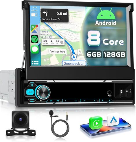 6+ 128g Android Single Din Touch Screen Car Stereo مع Carplay و Android Auto ، 7 بوصة 1 DIN الراديو مع GPS WiFi Bluetooth Link Control Wheel Control FM DSP USB AUX+ CAM CAM in Kuwait