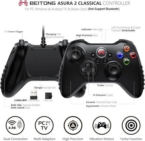 Beitong Asura 2 PC Gaming Controller - e -sports joystick ، ​​الاهتزاز المزدوج ، التوربو ، gamepad الزناد الخطي للنافذة 7/8/10/11 Android TV [أسود] in Kuwait