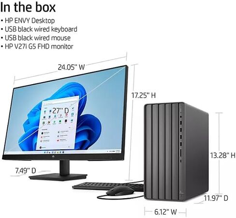 HP Envy Desktop Bundle, 27" FHD IPS Anti-Glare Monitor, 12th Gen Intel Core i5-12400 Processor, 32GB Memory, 2TB SSD, Intel UHD Graphics, Keyboard & Mouse, Wi-Fi, Ethernet, Windows 11 Pro in Saudi Arabia