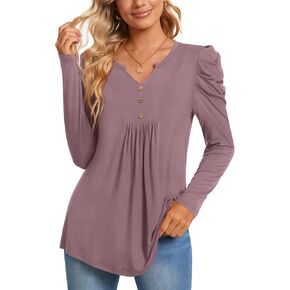 BISHUIGE Womens Casual Fall Top V Neck Loose Tunic Button Pleated Blouses in Kuwait