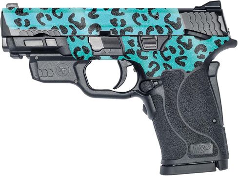 MightySkins Glossy Glitter Skin Compatible with Smith & Wesson M&P 9mm Shield EZ M2.0 - Teal Leopard | Protective, Durable High-Gloss Glitter Finish | Easy to Apply | Made in The USA in Saudi Arabia