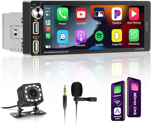 Roinvou Single Din Car Radio مع Carplay Android Auto ، 6.9 بوصة شاشة اللمسة اللمسة المفردة ، دعم Bluetooth5.2/FM/RDS/1280 * 400/type-C/مزدوج USB/الإضاءة الخلفية الملونة/SWC + كاميرا احتياطية in Kuwait
