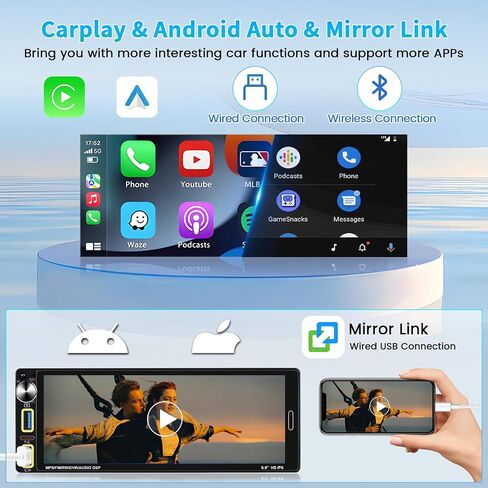 Roinvou Single Din Car Radio مع Carplay Android Auto ، 6.9 بوصة شاشة اللمسة اللمسة المفردة ، دعم Bluetooth5.2/FM/RDS/1280 * 400/type-C/مزدوج USB/الإضاءة الخلفية الملونة/SWC + كاميرا احتياطية in Kuwait