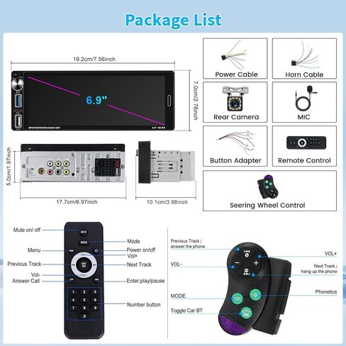 Roinvou Single Din Car Radio مع Carplay Android Auto ، 6.9 بوصة شاشة اللمسة اللمسة المفردة ، دعم Bluetooth5.2/FM/RDS/1280 * 400/type-C/مزدوج USB/الإضاءة الخلفية الملونة/SWC + كاميرا احتياطية in Kuwait