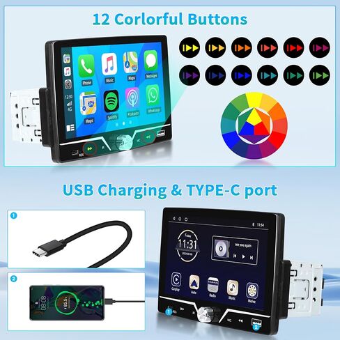 Roinvou Single Din Car Radio مع Carplay Android Auto ، 6.9 بوصة شاشة اللمسة اللمسة المفردة ، دعم Bluetooth5.2/FM/RDS/1280 * 400/type-C/مزدوج USB/الإضاءة الخلفية الملونة/SWC + كاميرا احتياطية in Kuwait