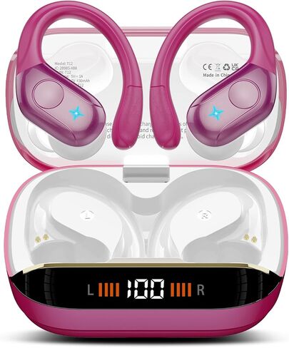 Wireless Earbuds Bluetooth 5.4 Headphones Sports 75H Stereo Deep Bass Over Ear Buds with Earhooks, Bluetooth Earbuds with 4 ENC Mic, LED Display, IP7 Waterproof Earphone for Running, Rose Gold in Kuwait