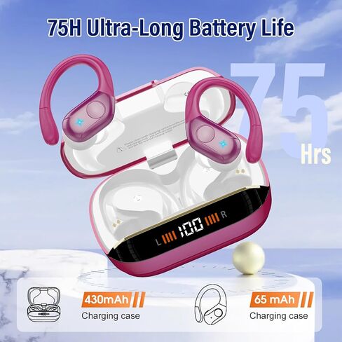 Wireless Earbuds Bluetooth 5.4 Headphones Sports 75H Stereo Deep Bass Over Ear Buds with Earhooks, Bluetooth Earbuds with 4 ENC Mic, LED Display, IP7 Waterproof Earphone for Running, Rose Gold in Kuwait