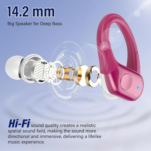 Wireless Earbuds Bluetooth 5.4 Headphones Sports 75H Stereo Deep Bass Over Ear Buds with Earhooks, Bluetooth Earbuds with 4 ENC Mic, LED Display, IP7 Waterproof Earphone for Running, Rose Gold in Kuwait