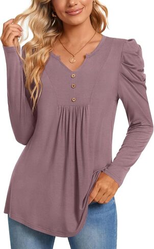 BISHUIGE Womens Casual Fall Top V Neck Loose Tunic Button Pleated Blouses in Kuwait