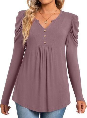 BISHUIGE Womens Casual Fall Top V Neck Loose Tunic Button Pleated Blouses in Kuwait