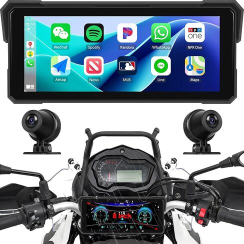 Carplay Screen for Motorcycle,Wireless CarPlay&Android Auto,8.1’’ IPS Waterproof Portable Radio with WiFi Video,BT,EQ,FM,DVR,SWC,Dual Front and Rear Cameras in Kuwait