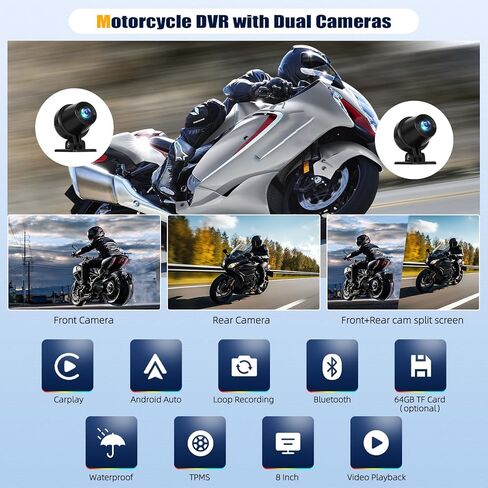 Carplay Screen for Motorcycle,Wireless CarPlay&Android Auto,8.1’’ IPS Waterproof Portable Radio with WiFi Video,BT,EQ,FM,DVR,SWC,Dual Front and Rear Cameras in Kuwait