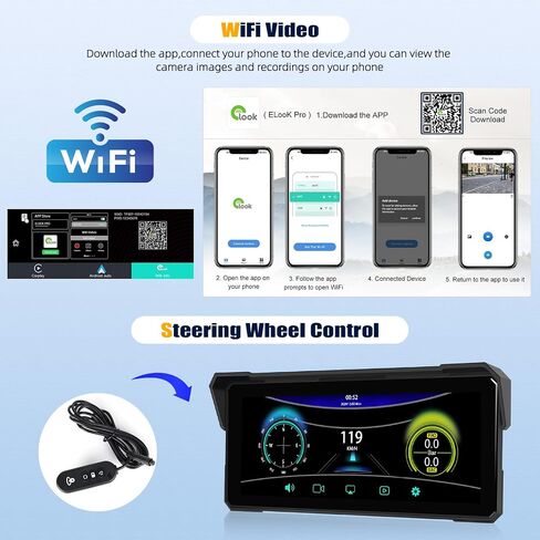 Carplay Screen for Motorcycle,Wireless CarPlay&Android Auto,8.1’’ IPS Waterproof Portable Radio with WiFi Video,BT,EQ,FM,DVR,SWC,Dual Front and Rear Cameras in Kuwait