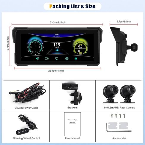 Carplay Screen for Motorcycle,Wireless CarPlay&Android Auto,8.1’’ IPS Waterproof Portable Radio with WiFi Video,BT,EQ,FM,DVR,SWC,Dual Front and Rear Cameras in Kuwait