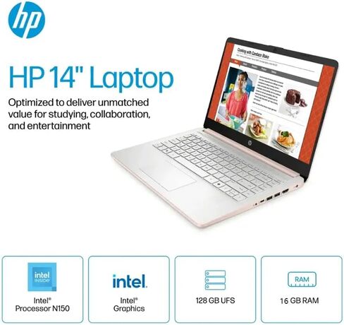 HP 2025 New Student Business Lapop ، Intel N150 CPU (Beats N4120) ، شاشة LED 14 بوصة ، ذاكرة الوصول العشوائي 16 جيجا بايت ، تخزين 384 جيجابايت (128 جيجا بايت UFS+256GB MSD) ، Wi-Fi 6 ، Copilot AI ، 1 سنة Microsoft 365 ، Windows 11 Pro ، W/Mouse in Kuwait