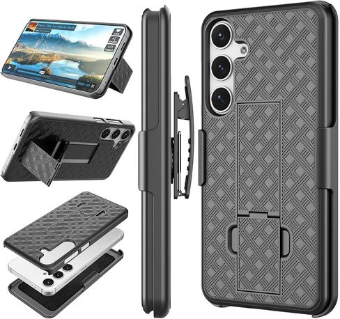 حالة Galaxy S25 مع حافظة Kickstand & Belt Clip ، Archproof Armor Highted Srockproom Pottection Pattern Pattern Hard Plastic Phone Cover for Samsung Galaxy S25 6.2 "2025 ، Black in Kuwait