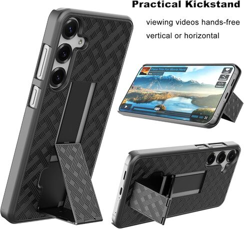 حالة Galaxy S25 مع حافظة Kickstand & Belt Clip ، Archproof Armor Highted Srockproom Pottection Pattern Pattern Hard Plastic Phone Cover for Samsung Galaxy S25 6.2 "2025 ، Black in Kuwait