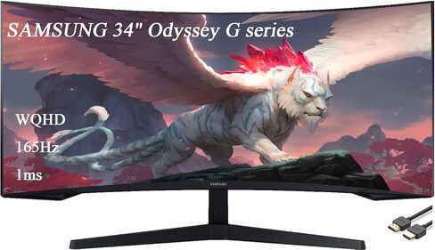 Samsung 34 "Odyssey G Series WQHD Gaming Monitor ، منحني ، 165 هرتز ، 1 مللي ثانية ، Freesync Premium ، 1000R Ultrawide ، Black ، مع GSF HDMI Cable in Kuwait