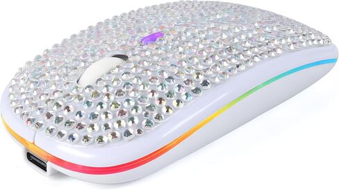 Rechargeable Bluetooth Wireless Mouse with Bling Crystal Rhinestones & 7-Color LED Lights - Silent Dual Mode Wireless Mouse for Laptops, PCs, and Macs - Perfect for Office, Travel & Home Use (Silver) in Kuwait