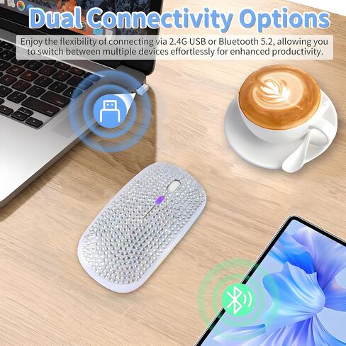 Rechargeable Bluetooth Wireless Mouse with Bling Crystal Rhinestones & 7-Color LED Lights - Silent Dual Mode Wireless Mouse for Laptops, PCs, and Macs - Perfect for Office, Travel & Home Use (Silver) in Kuwait