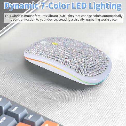 Rechargeable Bluetooth Wireless Mouse with Bling Crystal Rhinestones & 7-Color LED Lights - Silent Dual Mode Wireless Mouse for Laptops, PCs, and Macs - Perfect for Office, Travel & Home Use (Silver) in Kuwait