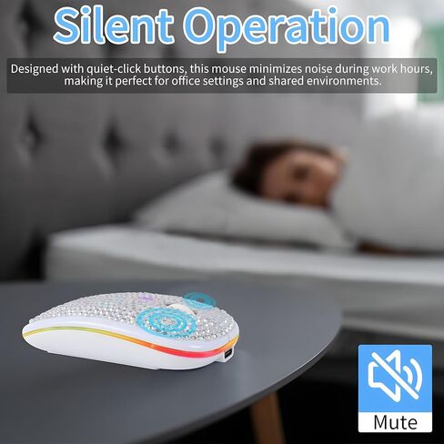 Rechargeable Bluetooth Wireless Mouse with Bling Crystal Rhinestones & 7-Color LED Lights - Silent Dual Mode Wireless Mouse for Laptops, PCs, and Macs - Perfect for Office, Travel & Home Use (Silver) in Kuwait