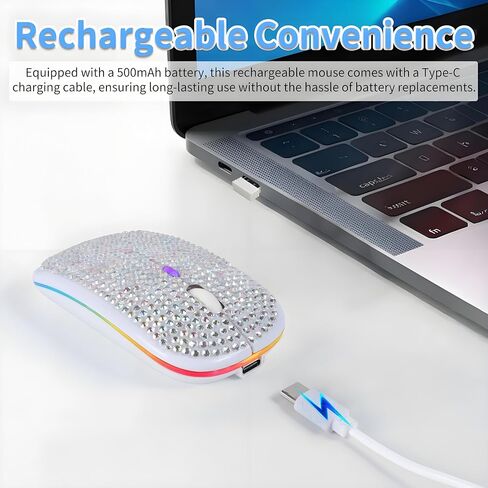 Rechargeable Bluetooth Wireless Mouse with Bling Crystal Rhinestones & 7-Color LED Lights - Silent Dual Mode Wireless Mouse for Laptops, PCs, and Macs - Perfect for Office, Travel & Home Use (Silver) in Kuwait