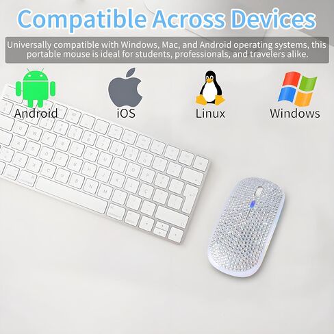 Rechargeable Bluetooth Wireless Mouse with Bling Crystal Rhinestones & 7-Color LED Lights - Silent Dual Mode Wireless Mouse for Laptops, PCs, and Macs - Perfect for Office, Travel & Home Use (Silver) in Kuwait