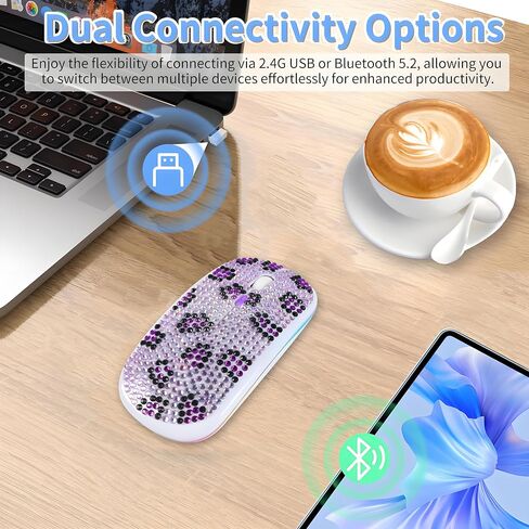 Rechargeable Bluetooth Wireless Mouse with Bling Crystal Rhinestones & 7-Color LED Lights - Silent Dual Mode Wireless Mouse for Laptops, PCs, and Macs - Perfect for Office, Travel & Home Use (Silver) in Kuwait