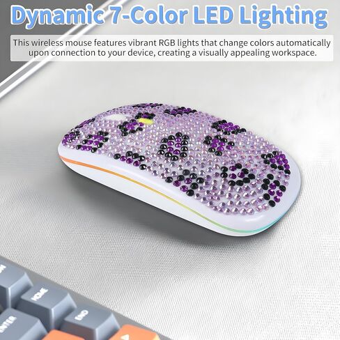 Rechargeable Bluetooth Wireless Mouse with Bling Crystal Rhinestones & 7-Color LED Lights - Silent Dual Mode Wireless Mouse for Laptops, PCs, and Macs - Perfect for Office, Travel & Home Use (Silver) in Kuwait