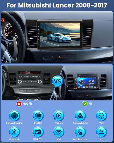 4 + 64g Android Car Radio for Mitsubishi Lancer 2008-2017 (لنظام Rockford) - 10.1 بوصة استريو شاشة تعمل باللمس مع Carplay & Android Auto و 32EQ DSP و WiFi و GPS + AHD View View Camera in Kuwait