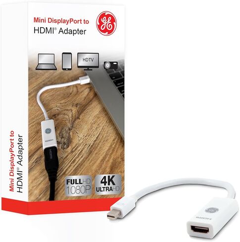 محول GE Mini DisplayPort Thunderbolt إلى HDMI، 2 حزمة، متوافق مع Apple iMac وMacBook والكمبيوتر الشخصي، يدعم Full HD 1080P و4K Ultra HD، أبيض، 58153 in Saudi Arabia