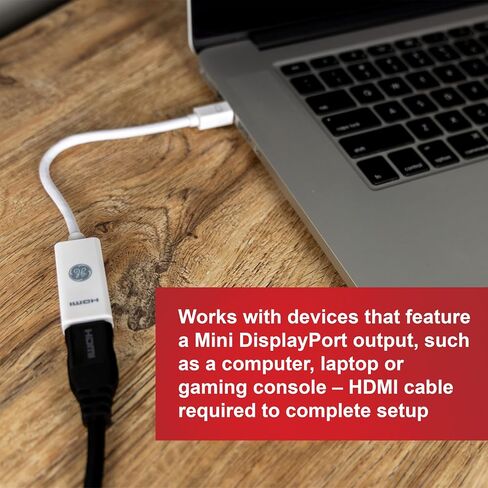 محول GE Mini DisplayPort Thunderbolt إلى HDMI، 2 حزمة، متوافق مع Apple iMac وMacBook والكمبيوتر الشخصي، يدعم Full HD 1080P و4K Ultra HD، أبيض، 58153 in Saudi Arabia
