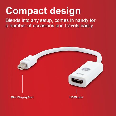 محول GE Mini DisplayPort Thunderbolt إلى HDMI، 2 حزمة، متوافق مع Apple iMac وMacBook والكمبيوتر الشخصي، يدعم Full HD 1080P و4K Ultra HD، أبيض، 58153 in Saudi Arabia