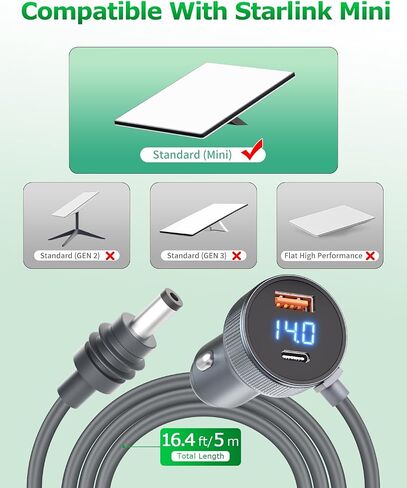Starlink Mini Cable 3 in 1 Car Charger for Starlink Mini DC Power Cable Cigarette Lighter with Digital Display Durable Type C 100W/USB A 18W Socket 12V-24V DC Power Cord for Car Adapter 18AWG 16.4FT in Saudi Arabia