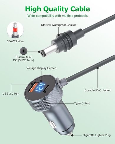 Starlink Mini Cable 3 in 1 Car Charger for Starlink Mini DC Power Cable Cigarette Lighter with Digital Display Durable Type C 100W/USB A 18W Socket 12V-24V DC Power Cord for Car Adapter 18AWG 16.4FT in Saudi Arabia
