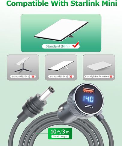 Starlink Mini Cable 3 in 1 Car Charger for Starlink Mini DC Power Cable Cigarette Lighter with Digital Display Durable Type C 100W/USB A 18W Socket 12V-24V DC Power Cord for Car Adapter 18AWG 16.4FT in Saudi Arabia